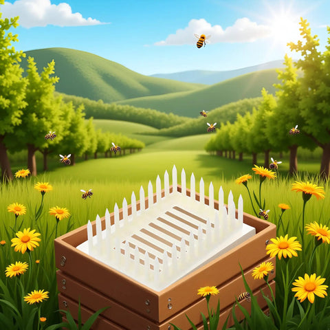 White Plastic Queen Marker Cage Clip Beekeeping Tool for Easy Queen Capture and Marking in a scenic apiary setting