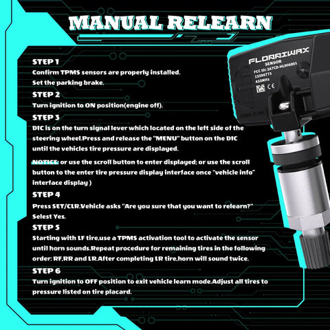 Manual re-learn guide for GM TPMS tire pressure sensors with detailed setup steps and activation tool instructions.