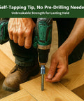 Person installing Tough-As-Nails Heavy-Duty Exterior Timber Screws Five Sixteenth Inch By Twelve Inch Self-Tapping Hex Head Lag Bolts For Decks Fences Gazebos And Landscape Projects Rust-Resistant Green Coated Six-Piece Sample Pack into wood with a drill.