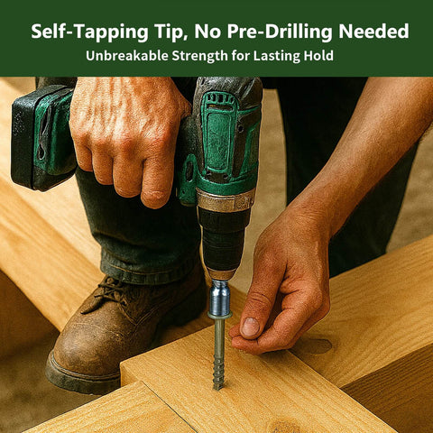 Person installing Tough-As-Nails Heavy-Duty Exterior Timber Screws Five Sixteenth Inch By Twelve Inch Self-Tapping Hex Head Lag Bolts For Decks Fences Gazebos And Landscape Projects Rust-Resistant Green Coated Six-Piece Sample Pack into wood with a drill.
