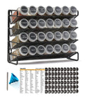 No Sweat Pantry Setup Four Tier Spice Rack Organizer With 28 Square Glass Jars And Complete Label Kit Funnel Set For Cabinet Wall Mount Black Steel Kitchen Storage with spices arranged in jars.