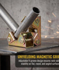 Six Pack Magnetic Welding Clamps With V-Shape Stainless Steel Fixture Set For Precise Adjustable Grip On Flat And Round Surfaces To Securely Hold Metal Pieces During Any Pro Welding Job Like A Champ with V-groove design, stabilizing metal pipes.