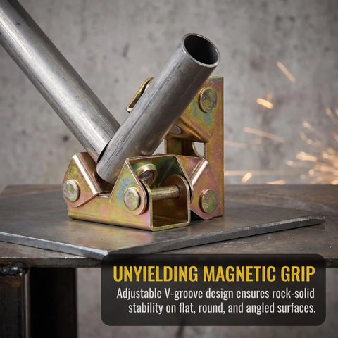 Six Pack Magnetic Welding Clamps With V-Shape Stainless Steel Fixture Set For Precise Adjustable Grip On Flat And Round Surfaces To Securely Hold Metal Pieces During Any Pro Welding Job Like A Champ with V-groove design, stabilizing metal pipes.