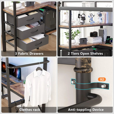 Solid Twin Loft Bed Setup With L Shaped Desk And Warm LED Lights, showcasing 3 fabric drawers, 2 open shelves, and clothes rack.