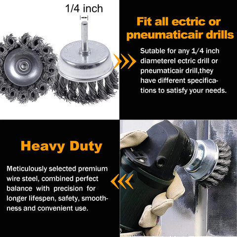 Close-up of 7 Piece Twist Knot Wire Brush Set For Drill With One Quarter Inch Shank Up To 4500 RPM Pro Grade Heavy Duty Rust Removal