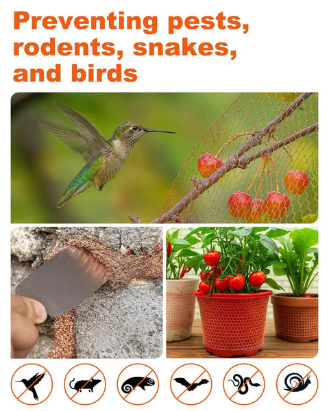 Collage: Bird near mesh, copper mesh sealing gap, plants in mesh pots; 5 Inch Copper Mesh Roll For Pest Proofing Heavy Duty Wire Screen.