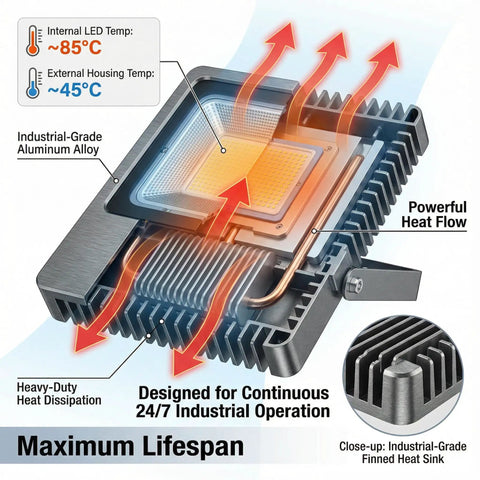 Diagram of 200W LED Flood Light with labeled industrial-grade aluminum for heat dissipation, showing efficient heat flow and cooling.