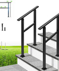 Rock Solid Outdoor Handrail For Stairs And Deck Heavy Duty Straight Rail Customizable Length with black metal construction on stone steps.