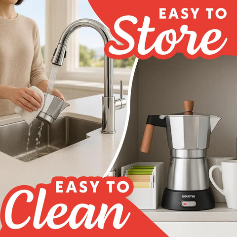 Electric Moka Pot Espresso Maker For Home Daily Brews 6 Shot Italian Style Coffee Brewer shown being rinsed and stored on a counter.