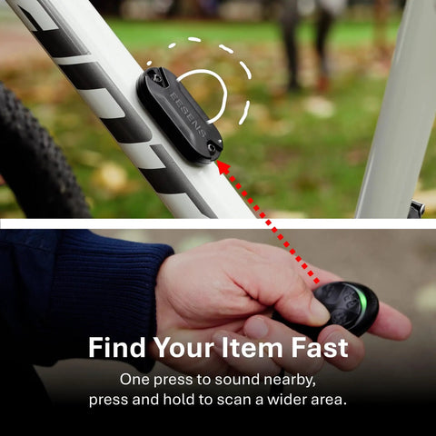 Discreet Theft Alarm System With 110dB Siren And 800ft Wireless Alerts on bike frame, with remote finder in hand