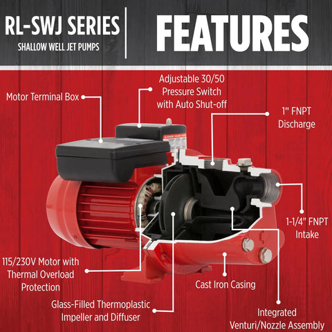 Diagram of Shallow Well Jet Pump, Half Horsepower, Cast Iron, 12.6 GPM, Dual Voltage 115 or 230 Volts, with key features labeled.