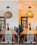 Seagrass Boho Chic Vibe Chandelier Hanging Lamp Natural Rattan Weaving Single Light Fixture Rustic Round Pendant Lighting turned on and off