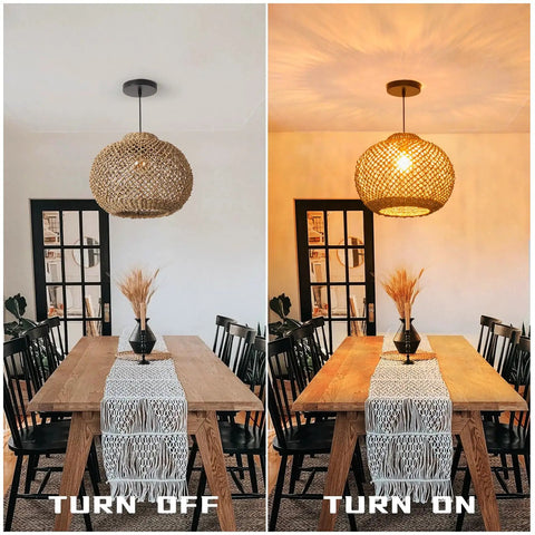 Seagrass Boho Chic Vibe Chandelier Hanging Lamp Natural Rattan Weaving Single Light Fixture Rustic Round Pendant Lighting turned on and off
