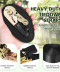 Close-up of a hand holding a heavy-duty tie-down strap with sturdy ratchet buckle, related to Ninja Tree Climbing Holds Set For Kids And Grownups