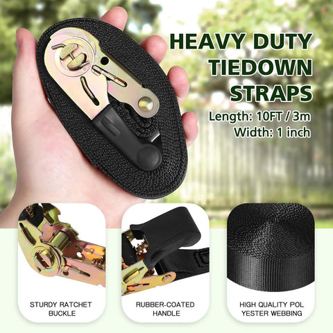 Close-up of a hand holding a heavy-duty tie-down strap with sturdy ratchet buckle, related to Ninja Tree Climbing Holds Set For Kids And Grownups