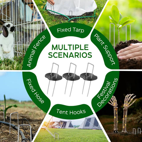 Multiple uses of 200 Count Heavy Duty Galvanized Anti Rust Garden Stakes And Landscape Staples, showing various outdoor applications.