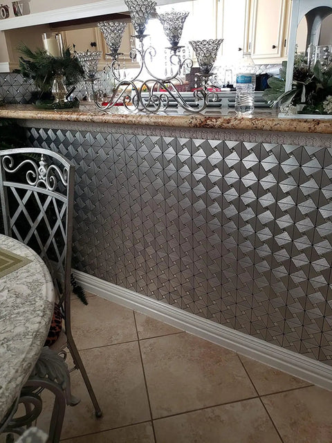 Kitchen backsplash with 10-Sheet Peel And Stick Backsplash Tile Set For Kitchen Fireplace And Bathroom Windmill Glass In Brushed Silver Aluminum Composite 3D Metal Look With Ultra Strong 3M Adhesive.