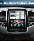 Wireless CarPlay And Android Auto Module For Volvo Sensus 2016 To 2022 Plug And Play Retrofit Kit Upgrade With Original Camera And Steering Wheel Controls For XC90 XC60 XC40 S90 S60 V60 V40 shown on car dashboard display.