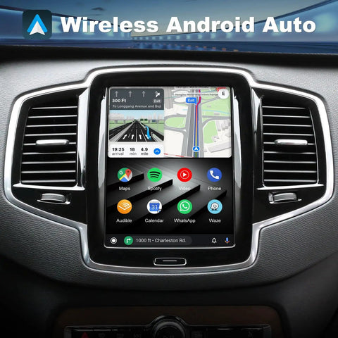 Wireless CarPlay And Android Auto Module For Volvo Sensus 2016 To 2022 Plug And Play Retrofit Kit Upgrade With Original Camera And Steering Wheel Controls For XC90 XC60 XC40 S90 S60 V60 V40 shown on car dashboard display.