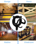 Collage with 12-Count Horse Bridle Rack with hooks in stables, garage, cloakroom, fenced yard settings