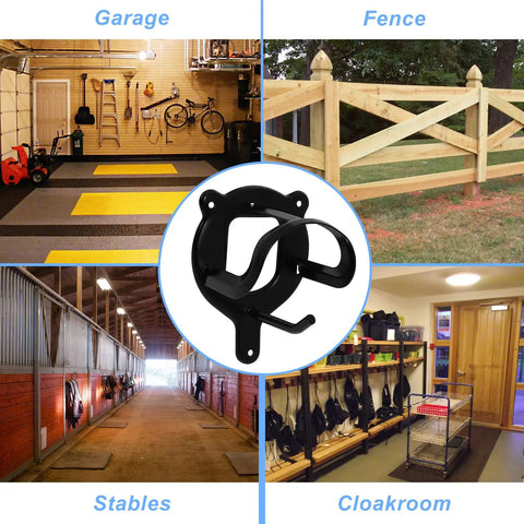 Collage with 12-Count Horse Bridle Rack with hooks in stables, garage, cloakroom, fenced yard settings