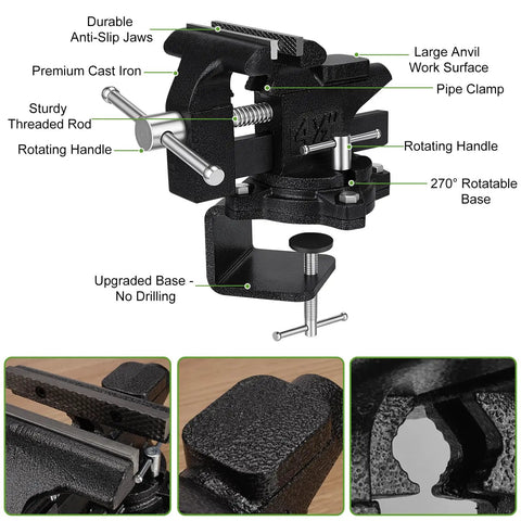Shop Beast 4.5 Inch Bench Vise With Zero Drill Clamping Base For Workbenches Ninja Grip Table Vice For Garages Shops DIY Projects And Auto Repair with durable jaws and rotating handle.