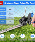 Heavy Duty Stainless Steel Cable Tie Gun Kit with 304 Zip Ties for Outdoor Use shown against a mesh fence.