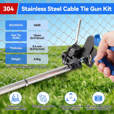 Heavy Duty Stainless Steel Cable Tie Gun Kit with 304 Zip Ties for Outdoor Use shown against a mesh fence.
