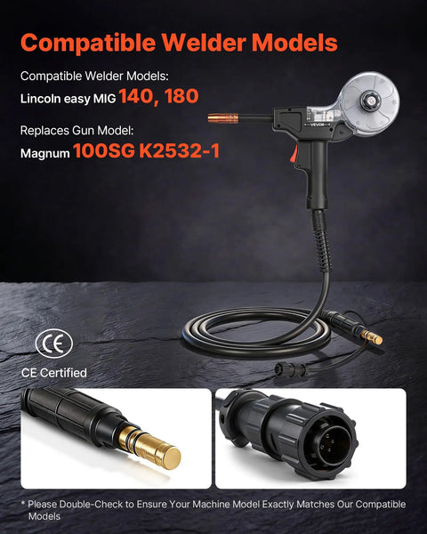 130 Amp Spool Gun With 10 Ft Cable Replacement For Lincoln Magnum 100SG K2532-1 with compatible welder models shown