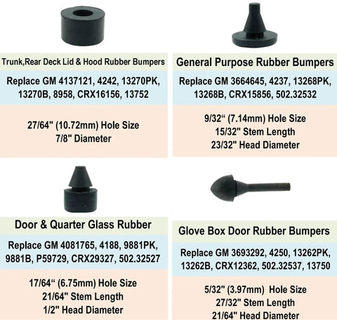 24 Piece Universal Rubber Hood Trunk Deck Lid And Door Bumper Kit with Glove Box Bumpers in Multiple Sizes