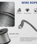 Heavy Duty One Eighth Inch Wire Rope Kit 165FT Stainless Steel Cable detail showing 304 steel, 7x7 strands, anti-rust features