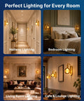 FLSNT Wall Sconces Set of 2 with Oversized G125 LED Bulbs, 1800K Dimmable Ambient Wall Lighting in various room settings.