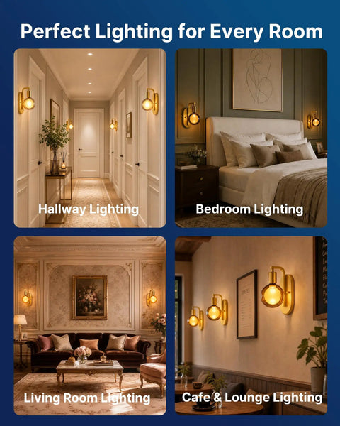 FLSNT Wall Sconces Set of 2 with Oversized G125 LED Bulbs, 1800K Dimmable Ambient Wall Lighting in various room settings.