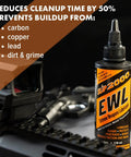 Extreme Weapons Lubricant EWL Synthetic CLP Gun Lube Spray 16oz bottle beside firearm, reduces buildup and cleanup