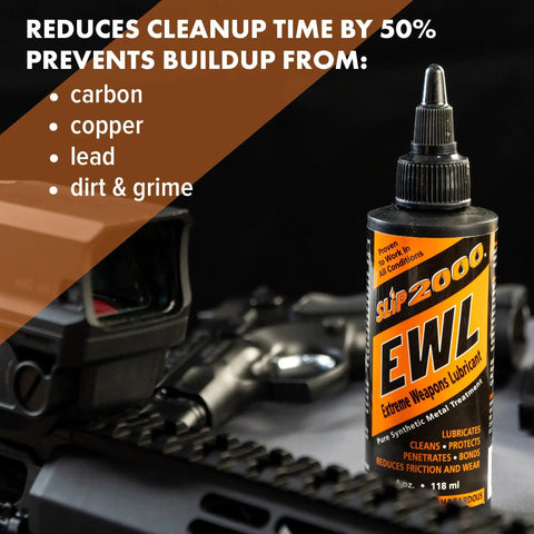 Extreme Weapons Lubricant EWL Synthetic CLP Gun Lube Spray 16oz bottle beside firearm, reduces buildup and cleanup