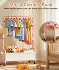 Heavy Duty Toddler Clothes Rack Featuring Open Storage Shelf Ideal For Kids Dress Up Costumes Super Quick Setup Rock Solid Frame with colorful outfits.