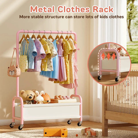 Heavy Duty Toddler Clothes Rack Featuring Open Storage Shelf Ideal For Kids Dress Up Costumes Super Quick Setup Rock Solid Frame with colorful outfits.