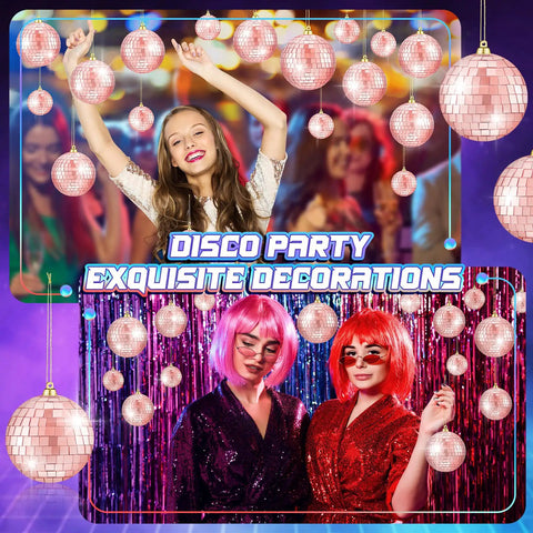 Bulk 50 Pieces Rose Gold Foam Mirror Disco Balls Set at party with reflective orbs and colorful lighting for festive decoration