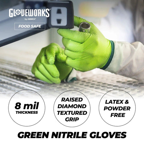 Heavy Duty Green Nitrile Disposable Gloves With Raised Diamond Texture 8 Mil Thick Latex Free X Large Industrial Grade For Tough Jobs Grippy Case Of 1000