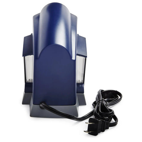Rear view of School Pro Classroom Electric Pencil Sharpener With Safe Start And Auto Stop showing power cord and blue casing.