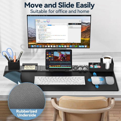 Six In One Magnetic Desk Pad With DIY Modular Storage showing monitor, tablet stand, pen holder, cup holder, and cable management.
