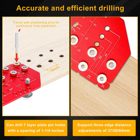 2 In 1 Shelf Pin And Hinge Jig With Self Contained Clamping For Concealed Cabinet Hardware Go To Precision Woodworking Drilling Positioning Tool close-up showing red jig with drilled holes and measurement markings.
