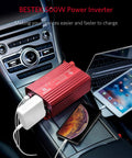 Power Inverter 500W DC 12V to 110V AC with alligator battery clamp and USB ports charging a laptop and smartphone in car.