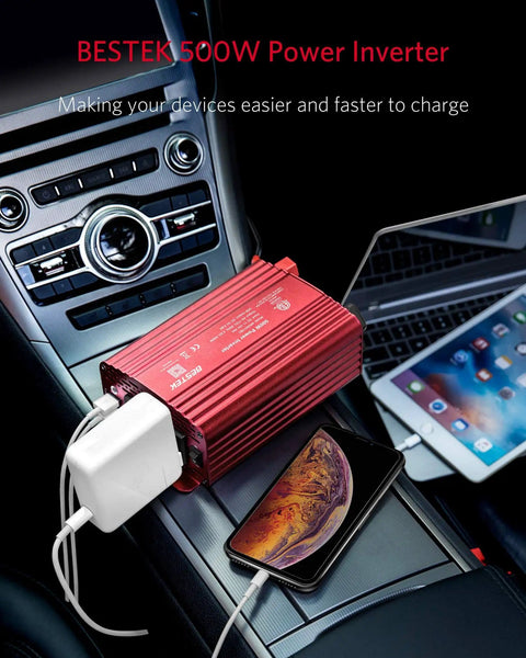 Power Inverter 500W DC 12V to 110V AC with alligator battery clamp and USB ports charging a laptop and smartphone in car.