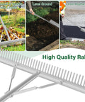 Image of Aluminum Landscape Rake 36 Inch Head 67 Inch Handle Ideal For Lawn Care And Soil Loosening Leaves Weeds Garden Pond Beach Cleanup Outdoor Raking Tool Go To Heavy Duty Long Reach Rake For Yard And Garden with weed removal and ground leveling.