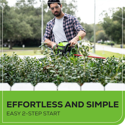 Man using 60V 26-Inch Brushless Cordless Hedge Trimmer With Dual-Action Laser-Cut Blades in a garden setting