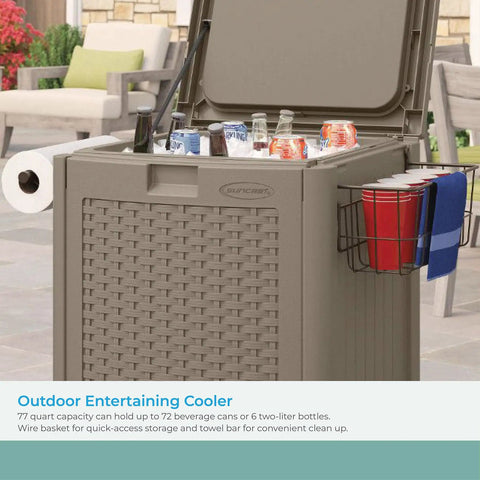 77 Quart Outdoor Patio Cooler With Wheels And Hinged Lid Wicker Look Resin With Built In Storage Basket And Cabinet For Easy Outdoor Entertaining Ready To Roll Weather Resistant Java Finish with full lid, drinks, and basket on patio setting.