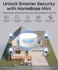 Four Camera Wireless Outdoor Security Kit With 360 Pan And Tilt Auto Tracking 2K Solar Powered Security Cameras AI Detection For Humans Vehicles Pets Faces With Local Storage No Monthly Fee displayed in front of a house with HomeBase Mini features