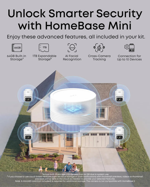 Four Camera Wireless Outdoor Security Kit With 360 Pan And Tilt Auto Tracking 2K Solar Powered Security Cameras AI Detection For Humans Vehicles Pets Faces With Local Storage No Monthly Fee displayed in front of a house with HomeBase Mini features