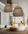 Seagrass Chandelier With Handwoven Rattan Wicker, Rustic Ceiling Hanging Light Fixture in modern living room ambiance